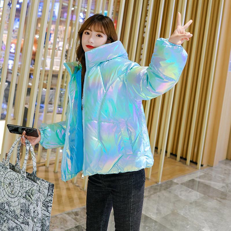 Женские парки, модная зимняя куртка, блестящая пуховая парка с хлопковой подкладкой, верхняя одежда с капюшоном, однотонная женская куртка, зимнее пальто
