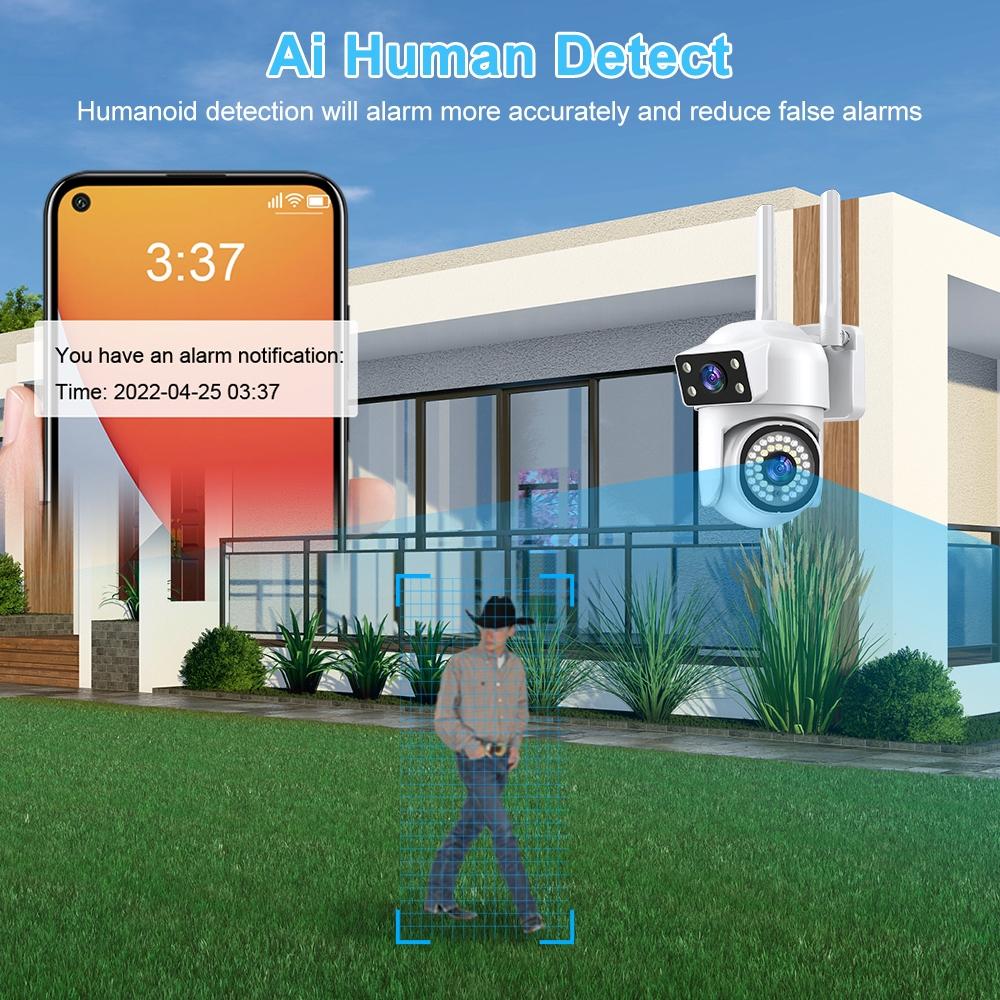 AIOOK Наружная WIFI HD 8MP 4K IP CCTV IP66 Водонепроницаемая PTZ-камера ночного видения Двусторонняя связь Мобильная камера слежения с двумя объективами