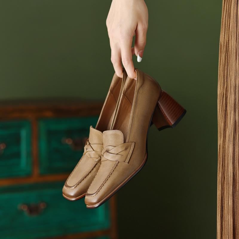 2024 Spring/Autumn Women Loafers Square Toe Chunky Heel Women Shoes NEW Genuine Leather Shoes Women Casual Retro Pumps for Women