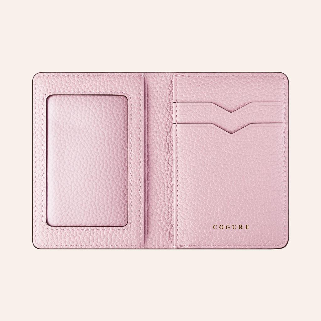 COGURE Card Case Genuine Leather Shrink Calf Leather Thin Bifold Unisex Gift Box Included Window Pocket [COGURE] Greige+Pink