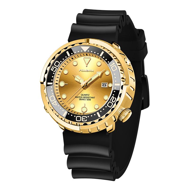 FOXBOX Mens Watches 5ATM Sports Waterproof Quartz Wristwatch Luminous Clock with Steel Bezel Watch for Men Male Clock+Watch Box