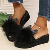 Fashion Faux Fur Wedges Slippers for Women Spring Autumn Fashion Crystal Detor Platform Slides Woman Slip On Open Toe Slippers Female