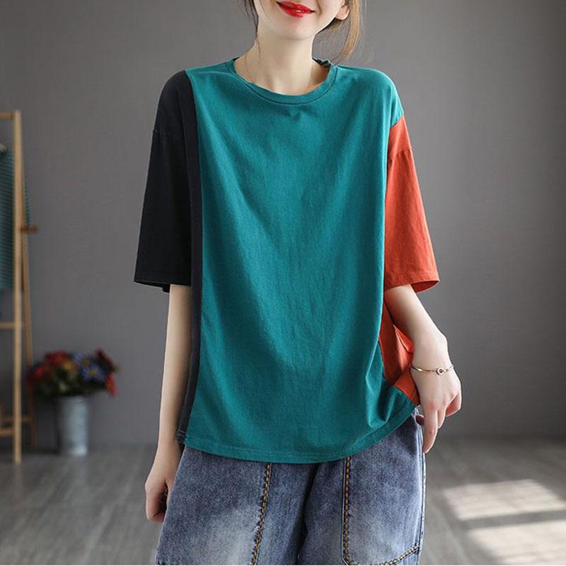 Футболка из 100% хлопка с короткими рукавами, женская свободная хлопковая летняя футболка большого размера с цветным контрастом, винтажный арт-топ женский