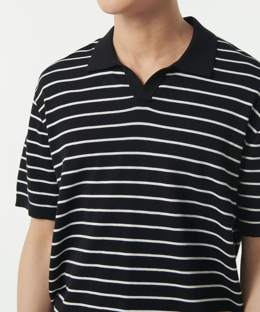 MUSINSA STANDARD Striped Slit Neck Knitted Polo Shirt [Black/White]