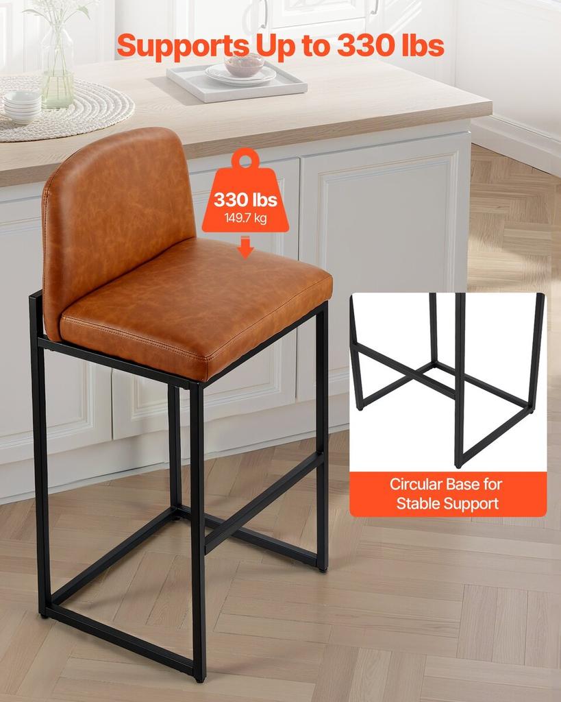 Bar Stool Set of 4, 68cm Counter Height Stools, Modern PU Leather Counter Barstool with Backrest, Metal Legs, Easy Assembly Armless Bar Chair, Island