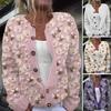 Women Sweater Cardigan Round Neck Long Sleeve 3D Flower Pattern Button Up Knit Jacket Thickened Warm Fall Winter Tops
