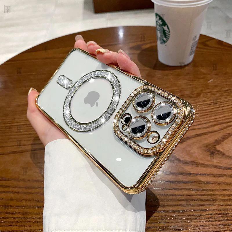 High-grade Glitter Rhinestones Phone Case For iPhone 16 15 11 12 13 14 Pro Max 16 Plus Magsafe Magnetic Clear Lens Protect Cover