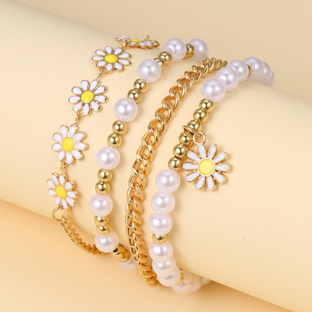 iF ME 4Pcs/set Vintage Flower Heart Bead Bracelet Set Zircon Gold Chain Bracelets for Women Jewelry Accessories