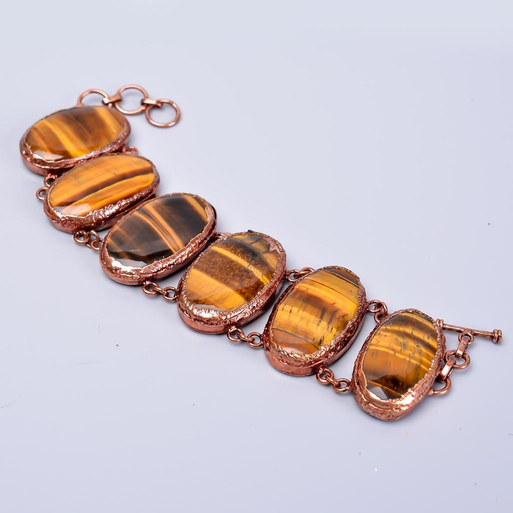 Natural Tiger Eye Copper Electroformed Statement Sacral Chakra Bracelet Jewelry V-75