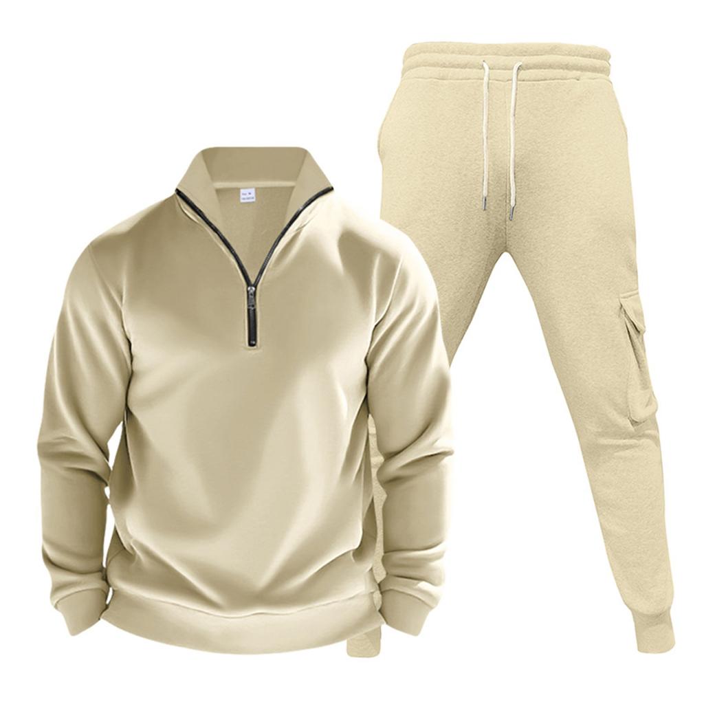 Men's Winter Casual Plus Velvet Warm Zipper Stand Collar Sweatshirt Men's Sports Pants Sweatshirt Set