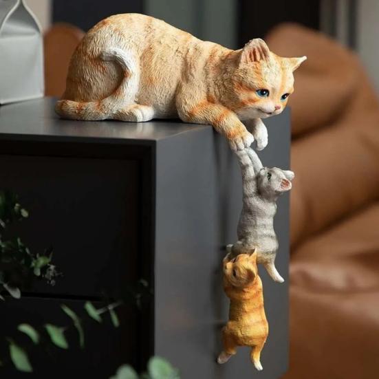 Cats Resin Sculpture Mother Cat And Kittens Figurine Desk Edge Decoration Cat Statue