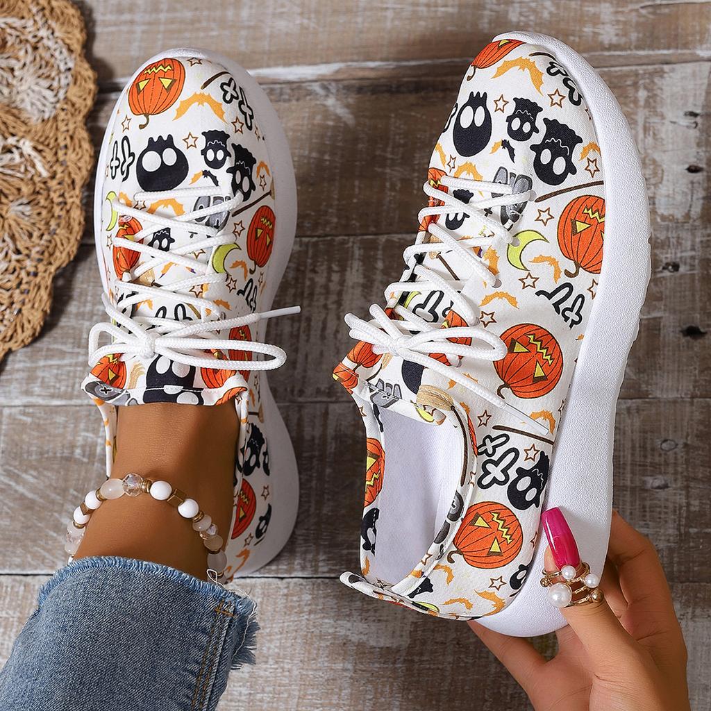 Fashion Women Sneakers 2024 New Popular Flat Bottom Round Head Lace Up Casual Shoes Halloween Pumpkin Pattern Low Top Women Sports Shoes
