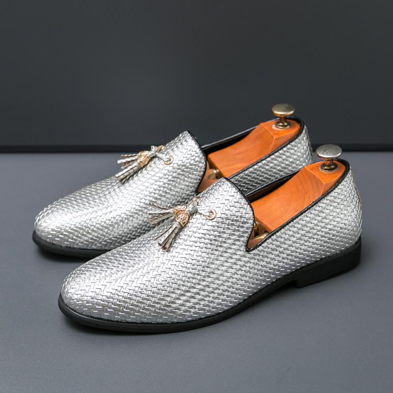 Новые Роскошные Туфли для Вечеринок для Мужчин с Металлическим Блеском и Тканым Узором, Кожаные Лоферы Слипоны, Туфли для Выпускного Вечера, Свадебные Серебряные Туфли