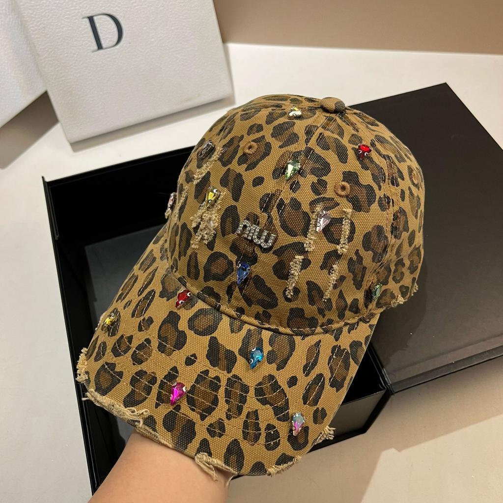 Youth Personality Publicity Leopard Print Ripped Baseball Cap Heavy Industry Rhinestone Cross Cap Women