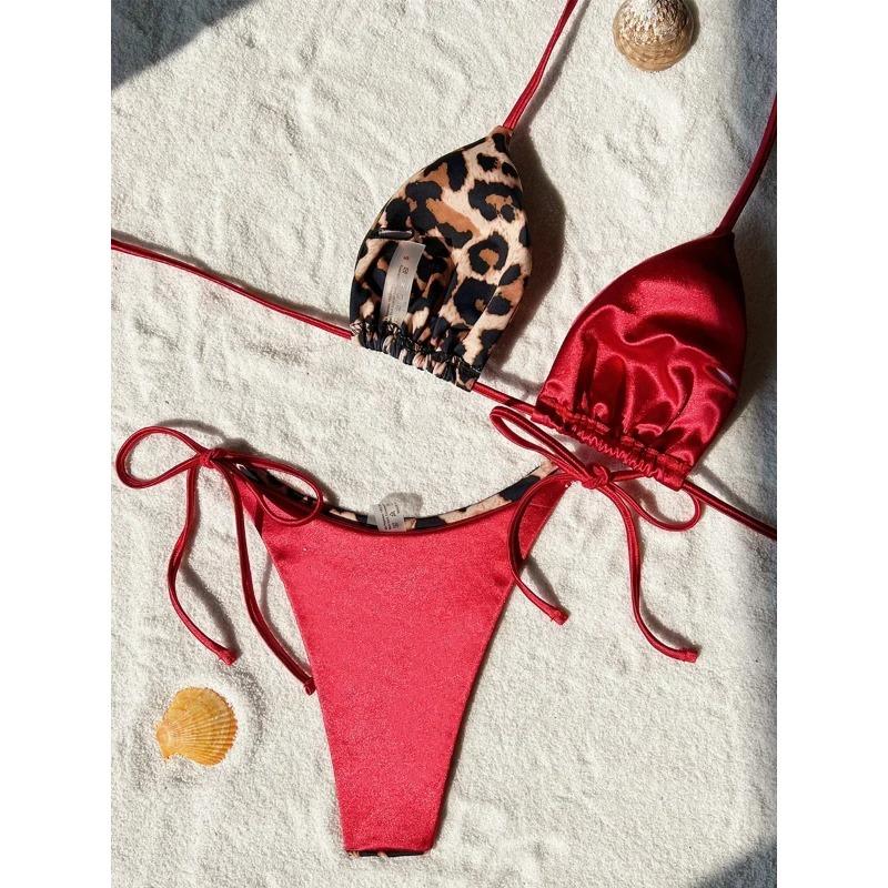 Бикини с леопардовым принтом и бретельками через шею 2025 года, мини-микробикини, женский купальник, женский купальник, комплект бикини из двух частей, купальный костюм, плавание