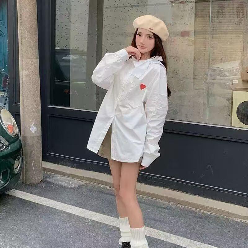 Love Embroidery Bow Long-sleeved White Shirt Female 2024 New Loose