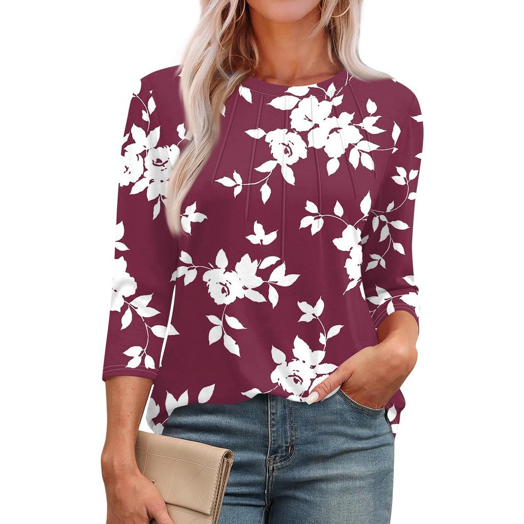 Женская модная повседневная футболка с круглым вырезом и рукавом семь четвертей в стиле ретро с принтом, плиссированная футболка