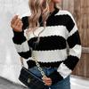 Новый свободный теплый женский свитер с круглым вырезом, черно-белый полосатый вязаный пуловер