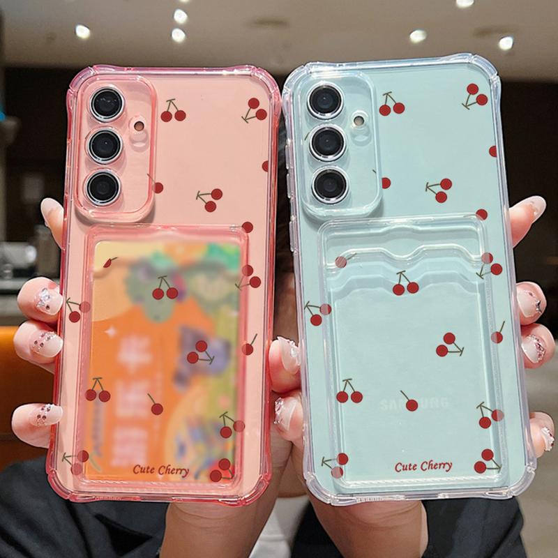 Силиконовый чехол с прозрачным слотом для карт и узором в виде маленькой вишни для Xiaomi 14T 13T Pro Poco F6 Pro X6 C65 Redmi Note 13 12 Pro 11, тонкий и мягкий противоударный чехол для телефона