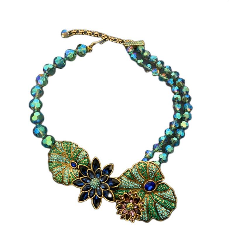 Винтажная бижутерия Двор Лотосовый лист Ретро Цветок Инкрустированный стразами Серьги Колье Набор