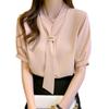 Chiffon Short Solid Autumn [JLBOCMGT] Women's Shirt, Sleeve, V-Neck, Ribbon, Elegant, Slimming, Color, Simple, Fashionable, Office, Commuting, Spring,