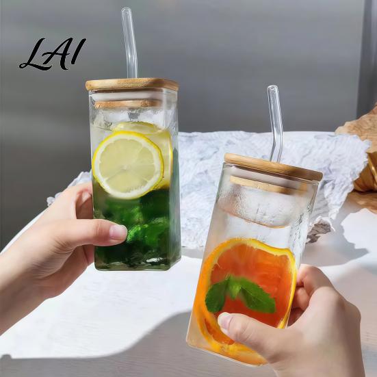 Elegant Glassware for Wedding Gifts Glass Cup with Lid And Straw Square Clear Borosilicate Heat Resistant Kitchen Tumbler Portable Drinking