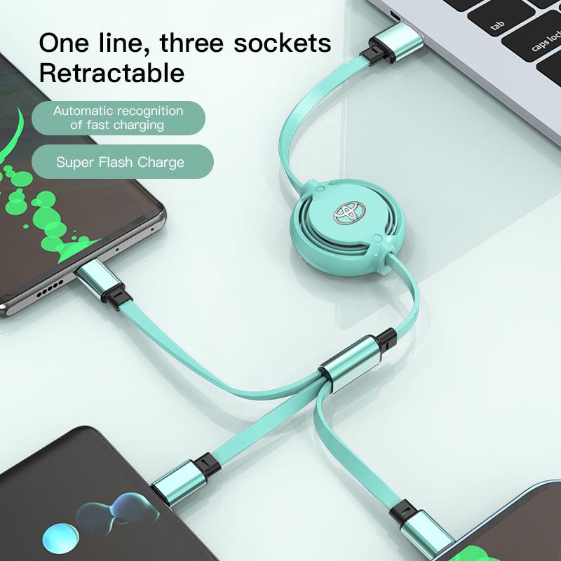 3 In 1 Retractable Mobile Phone Fast Charging Cable For  Toyota Corolla Camry Asian Dragon Supra Hilux Land Cruiser GR SPORT TRD