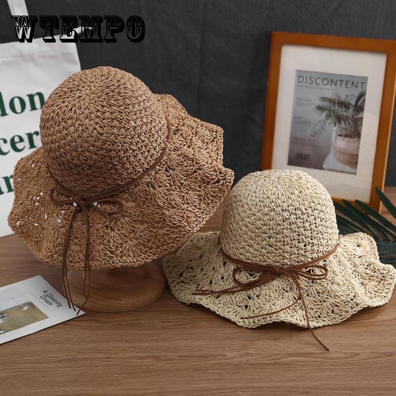 Women's Summer Hollow Out Straw Bow Hat Sunscreen Hat Foldable Vacation Beach Hat Crochet Fisherman Hat All Match Sun Hat