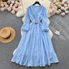 Summer Women Mid-Length Hollow Out Hook Flower Embroidery Dress Long-sleeve Single-breasted V-neck With Belt Ladies A-line Dress