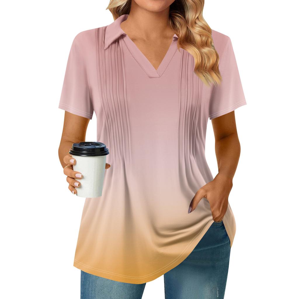 Женские футболки с коротким рукавом, плиссированные, с V-образным вырезом, с принтом, с воротником, летние топы, модные, деловые, повседневные, рабочие