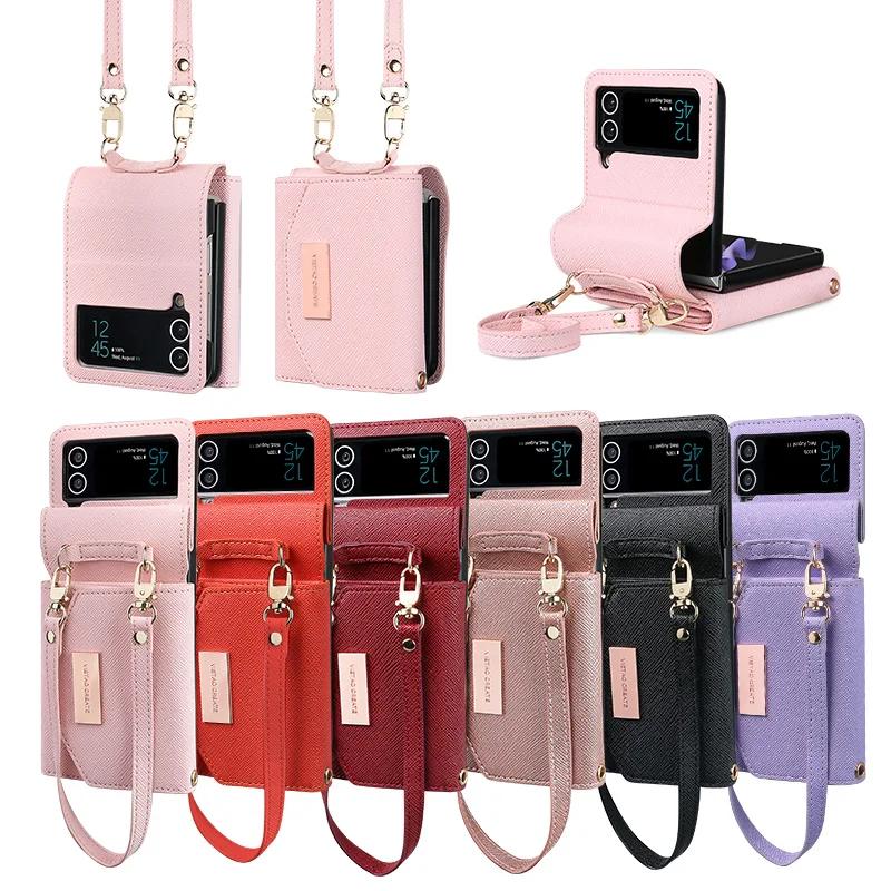 Lanyard Wallet Leather Cards Solt Case For Samsung Galaxy Z Flip 6 5 4 Flip4 5G Purse Bag Hand Strap Skin Feeling Back Cover