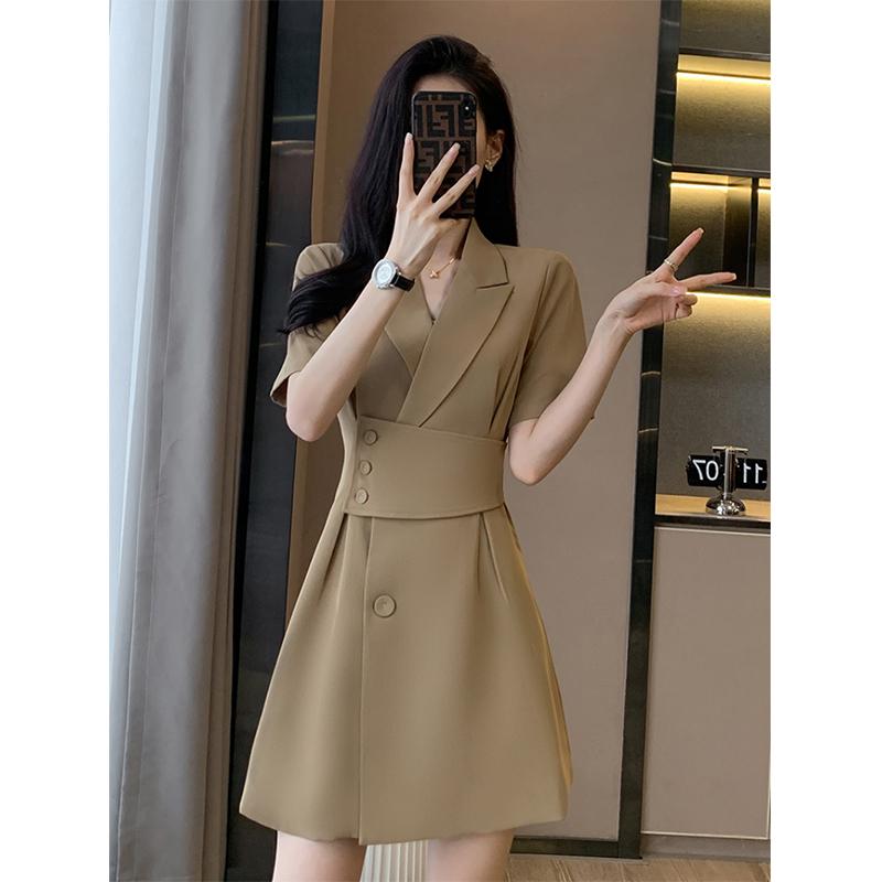 Летнее новое элегантное модное платье с талией для офисной леди, женское платье с коротким рукавом, темпераментное однотонное платье, праздничные платья, женская одежда