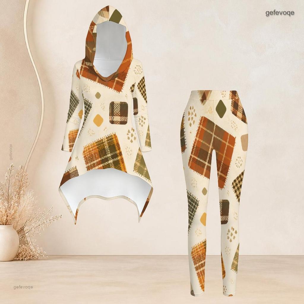Women Plus Size Hooded Long Sleeve Abstract Print High Low Top Fitted Pants Two Piece Set