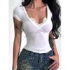 Сексуальная горячая девушка V-образный вырез кружева сращивание короткий рукав футболка женский зрелый тонкий тонкий на плече топы летняя верхняя одежда уличная одежда