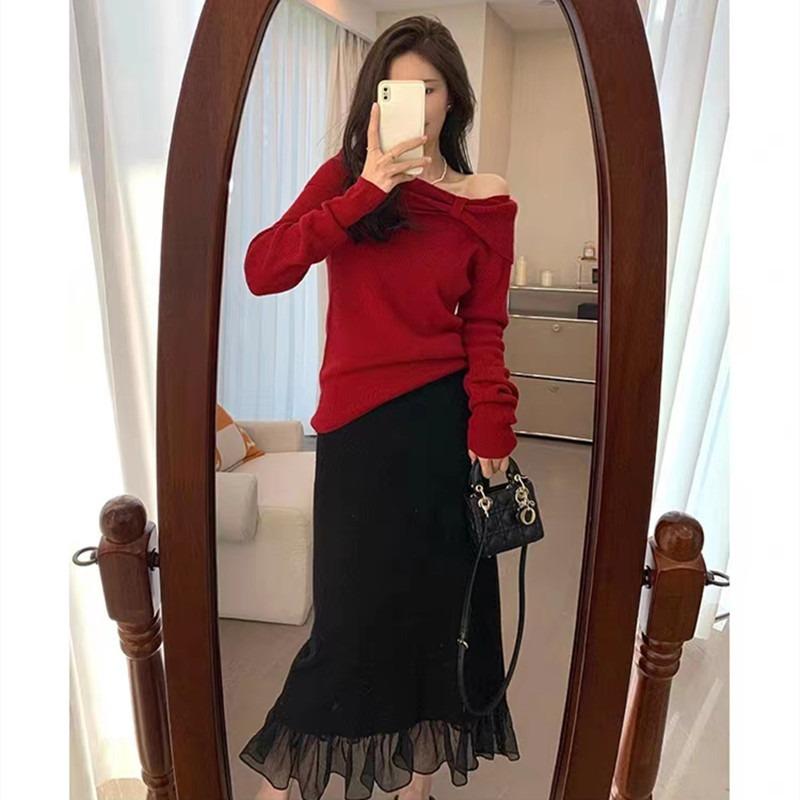 Юбка-бюстье средней длины из шерстяной трикотажной сетки с высокой талией на осень и зиму