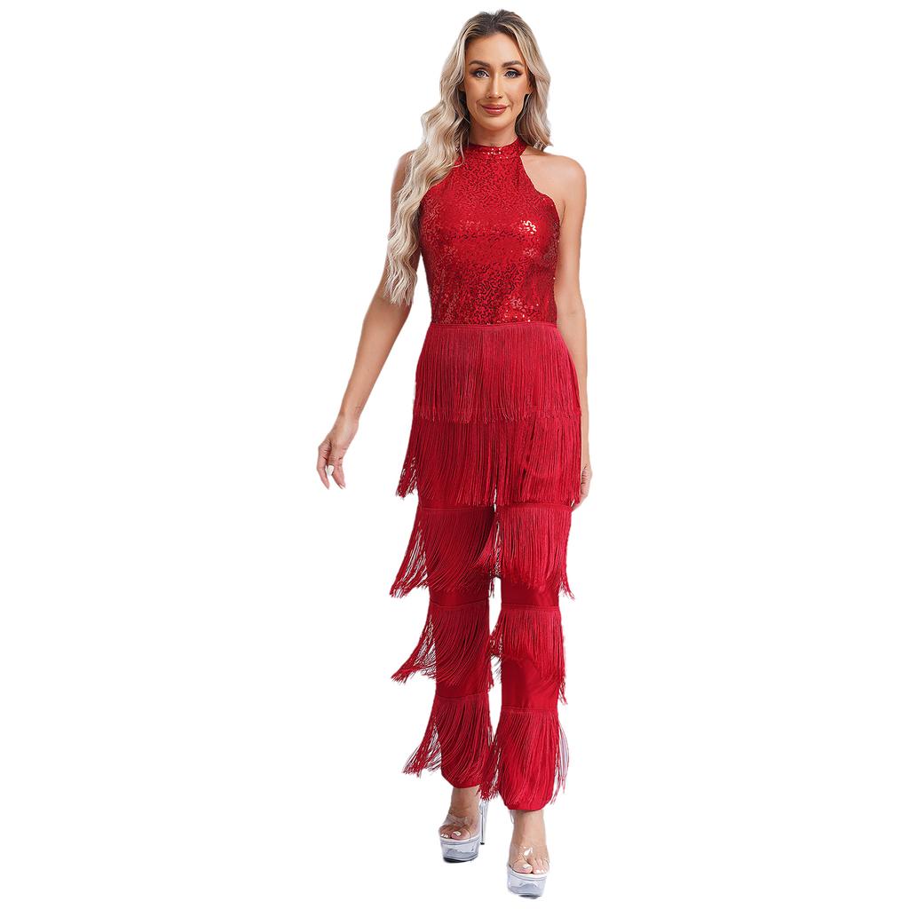 Women Sleeveless Jazz Costume Flowy Tassel Rompers Performance Dancewear Fringe Jumpsuit Tango Cha-Cha Samba Dancing Party Dress