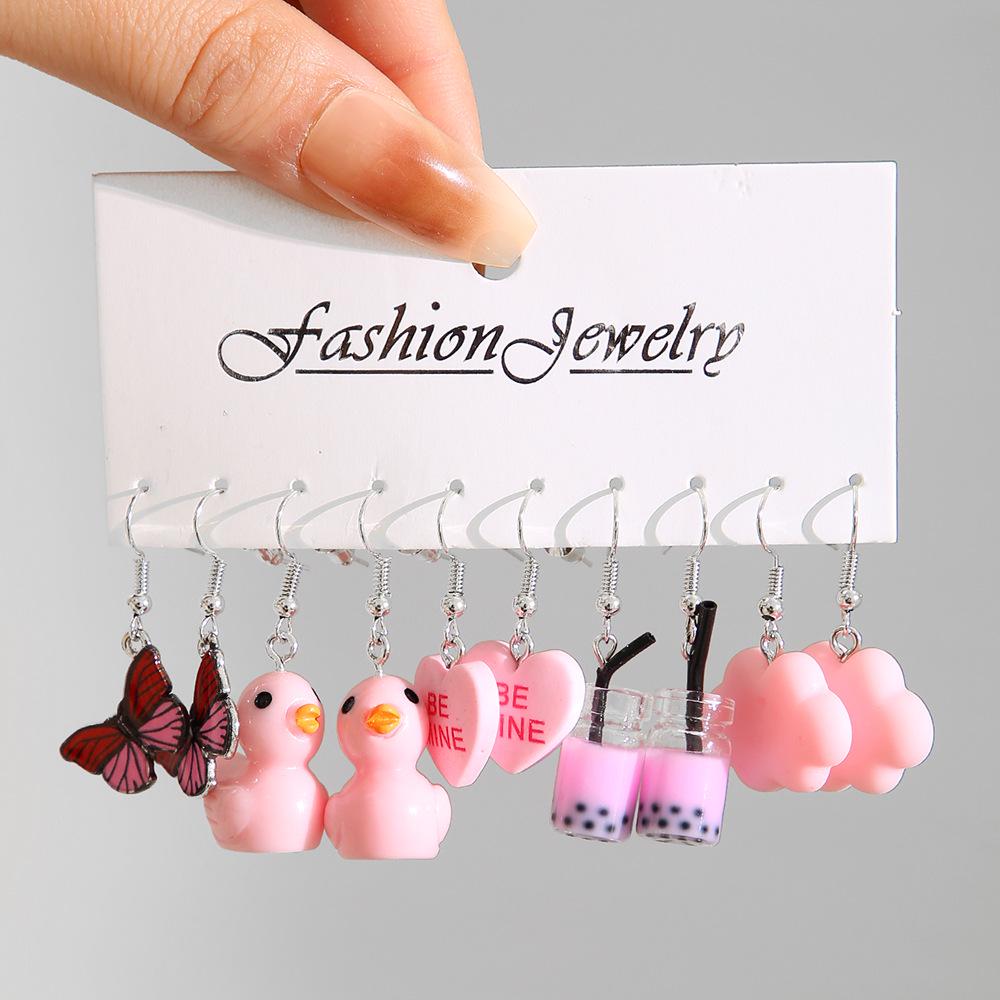 Cross-border Funny Barbie Pink Duck & Butterfly Earrings Set: 5 Pairs of Creative Acrylic Cloud & Peach Heart Designs.
