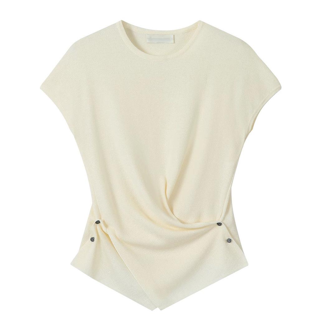 French Round-neck Knitted Sweater, Summer Thin Sleeveless, Slimming and High-end Top, Short-sleeved Women's T-shirt with A Straight Shoulder