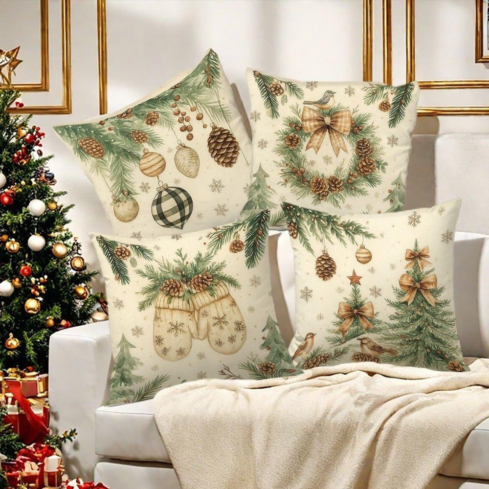4pcs Set, Modern Daily Style Pillowcases, 2D Printed, Festive Christmas-Themed Pillowcase Set Featuring Pine Branches, Pine Cones, Christmas Trees, an