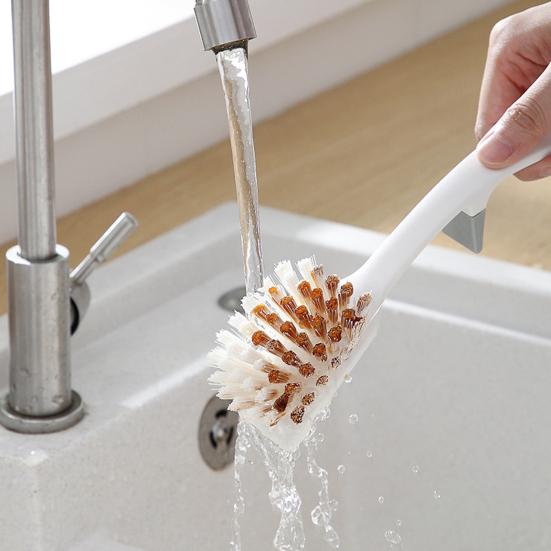 Dishwashing Brush Long Handle with Scraper Dense Soft Bristles Labor-saving Remove Stain Kitchen Sink Stove Dish Washing Cleaning Brush for Home