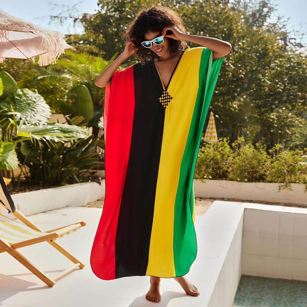 Пляжные платья, красные, черные, желтые, зеленые, цветные кафтаны для женщин, волнистые летние праздничные купальные костюмы, дропшиппинг