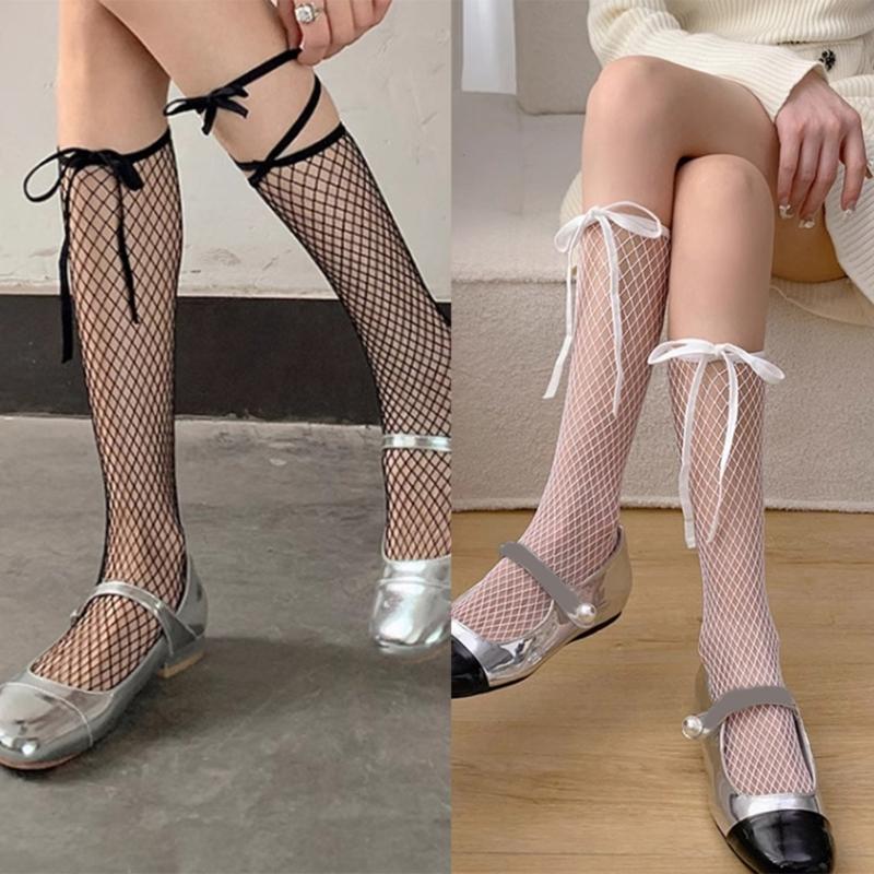 Japanese Lace Up Ribbon Bowknot Over Calf Socks for Women Gothic Hollow Out Sheer Fishnet Mesh Ultrathin Long Stockings