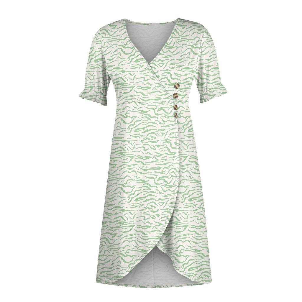 Women's Summer Casual Dress V Neck A-line Boho Ditsy Floral Flounce Sleeve Wrap Hem Dress