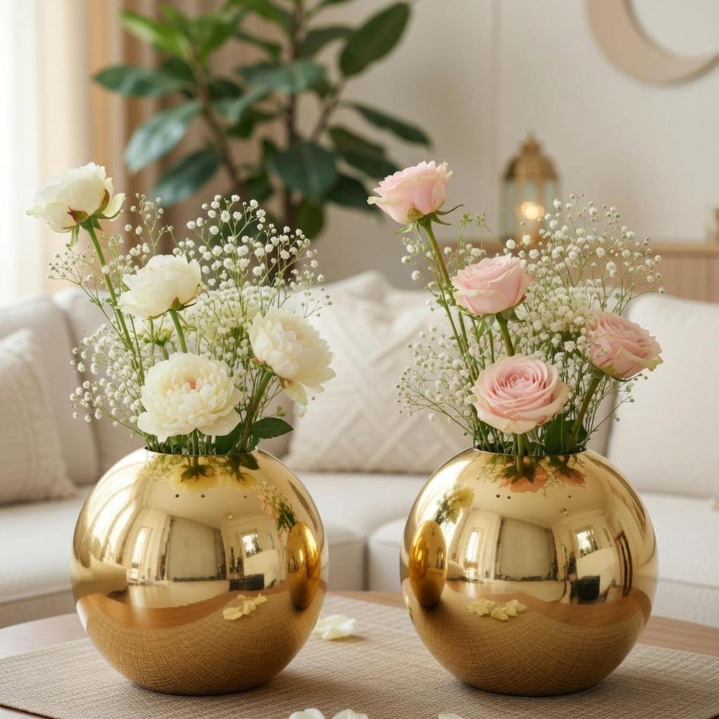 Metal Ball Round Metal Vase Set of 2 for Home Décor Decorative Flower Pot for Valentine’s Day