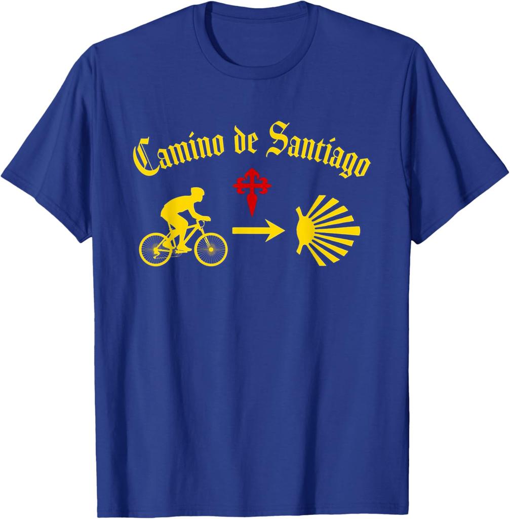Camino de Santiago Man Riding Bicycle Yellow Arrow Scallop TShirt Short Sleeve Casual 100 Cotton Shirt
