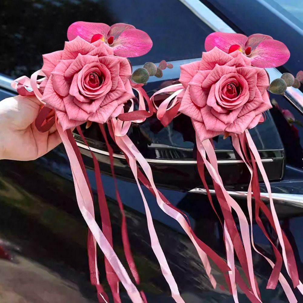 2Pcs Suction Cup Ribbon Wedding Car Flower Bowknot Bridal Car Decoration Photo Props