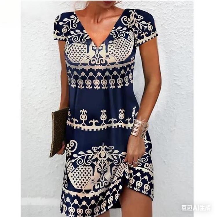 Summer Floral Boho Beach Dress for Women Casual Loose A Line Sundress Short Sleeve V Neck Sexy 3D Print Summer Fashion Dress Femme