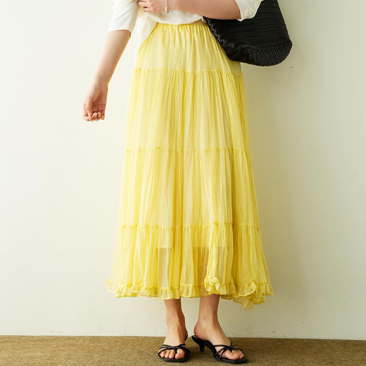 Dimanaf 2025 Летние женские новые юбки однотонные эластичные талии плиссированные сетчатые элегантные юбки желтые