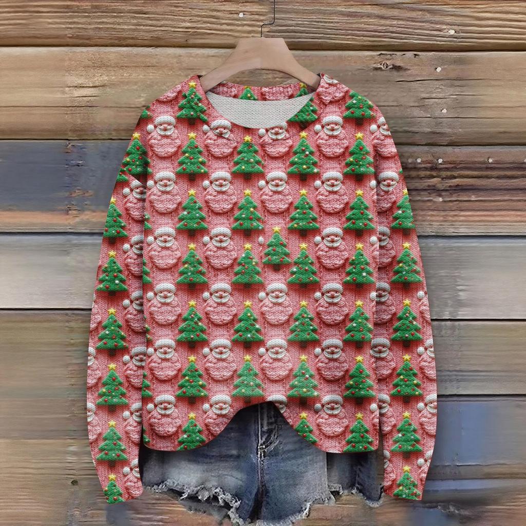 Women's Christmas Print Cardigan Long Sleeve Round Neck Knit Top