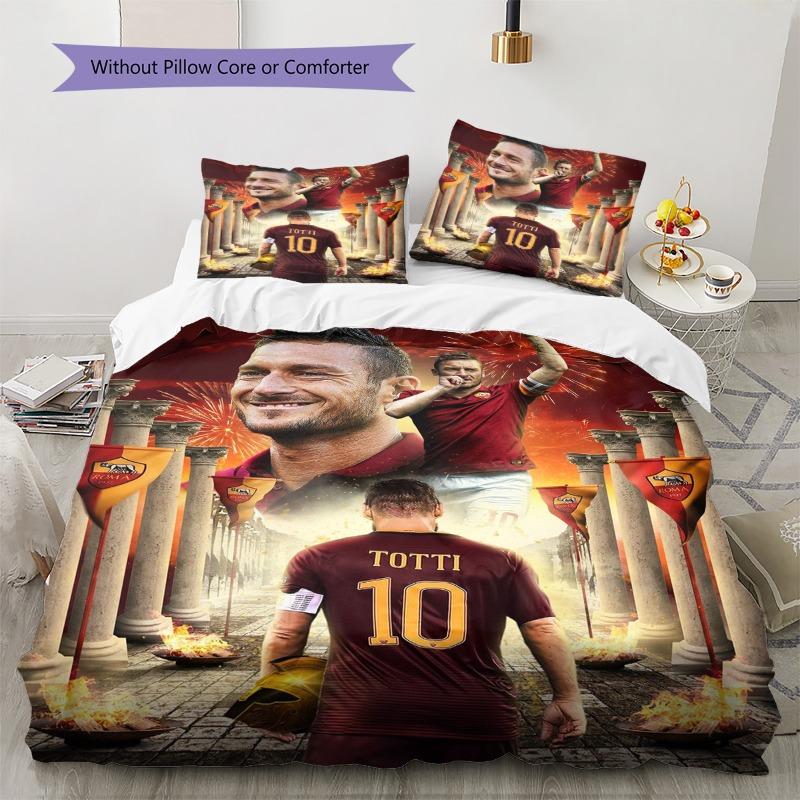 Francesco Totti AS Roma Football Bedding Set, Soccer Legend Portrait Duvet Cover, 3Pcs Bed Set with 2 Pillowcases for Bedroom Decor, No Comforter